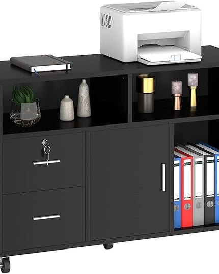 YITAHOME Wood File Cabinet, 2 Drawer Mobile Lateral Storage Cabinet Printer Stand with Lock and Open Storage Shelves for Home Office, Black,Drawers without Hanging Bars - LeafyLoom