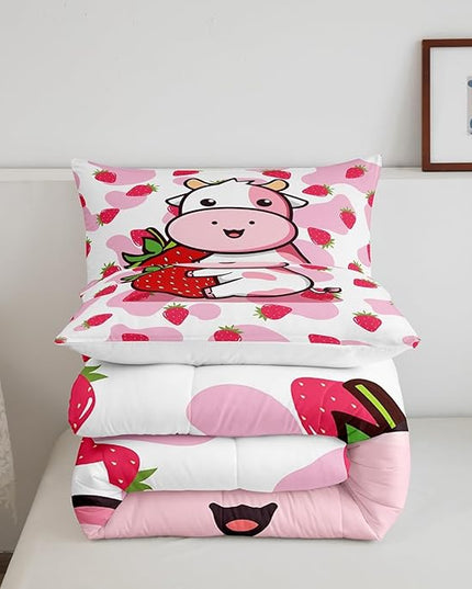 Feelyou Milk Cow Comforter Pink White Cow Strawberry Comforter Set Bedding Set for Kids Adults Kawaii Girls Milk Cow Print Duvet Set Soft Room Decor King Size Quilt Boys - LeafyLoom