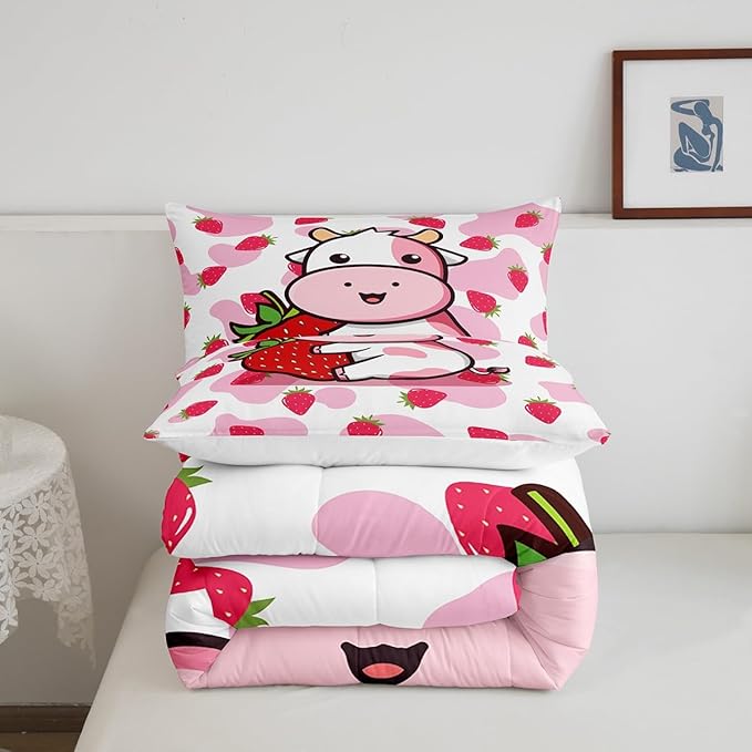 Feelyou Milk Cow Comforter Pink White Cow Strawberry Comforter Set Bedding Set for Kids Adults Kawaii Girls Milk Cow Print Duvet Set Soft Room Decor King Size Quilt Boys - LeafyLoom