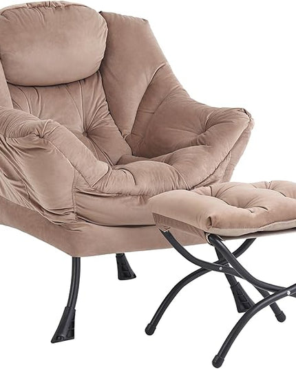 Lazy Chair and Ottoman, Large Accent Lounge Chair with Armrests and a Side Pocket, Modern Leisure Upholstered Sofa Reading Armchair with Footrest for Bedroom, Living Room, Dorm Rooms, Office - LeafyLoom