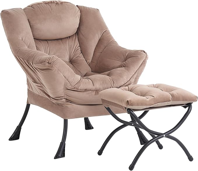 Lazy Chair and Ottoman, Large Accent Lounge Chair with Armrests and a Side Pocket, Modern Leisure Upholstered Sofa Reading Armchair with Footrest for Bedroom, Living Room, Dorm Rooms, Office - LeafyLoom