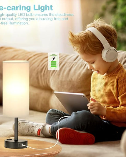 Grey Touch Bedside Lamp for Bedroom - 3 Way Dimmable Table Lamp USB C Charging Ports and AC Outlet, Small Desk Lamp for Living Room, Office, LED Bulb Included - LeafyLoom
