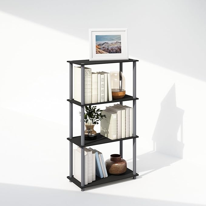 Furinno Turn-N-Tube 4-Tier Multipurpose Shelf Display Rack, Shelving Unit, Bookcase, Black/Grey - LeafyLoom