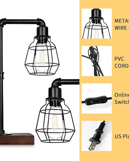 CONCA Industrial Steampunk Table Lamp, Edison Bulb, Metal, A-Black, 19.6x11.7x5.35 inches, 3 lbs, E26 Base, 800 Lumen, 120V - LeafyLoom