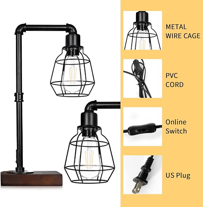 CONCA Industrial Steampunk Table Lamp, Edison Bulb, Metal, A-Black, 19.6x11.7x5.35 inches, 3 lbs, E26 Base, 800 Lumen, 120V - LeafyLoom