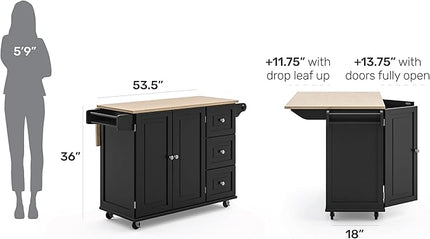 Homestyles Dolly Madison Kitchen Cart with Wood Top and Drop Leaf Breakfast Bar, Rolling Mobile Kitchen Island with Storage and Towel Rack, 54 Inch Width, Black - LeafyLoom