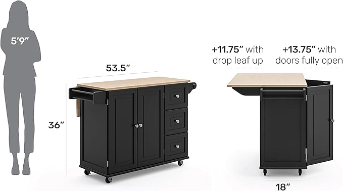 Homestyles Dolly Madison Kitchen Cart with Wood Top and Drop Leaf Breakfast Bar, Rolling Mobile Kitchen Island with Storage and Towel Rack, 54 Inch Width, Black - LeafyLoom