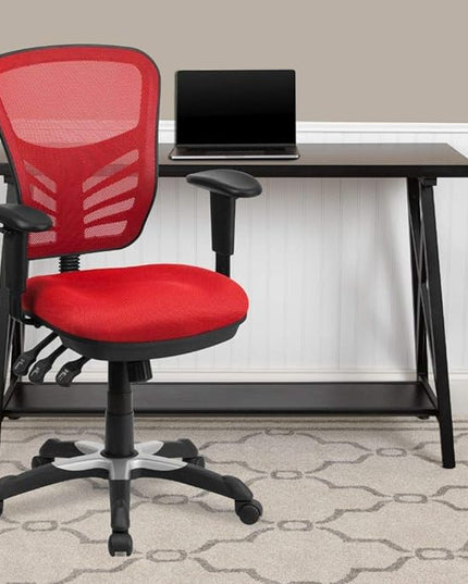 Flash Furniture Nicholas Mid-Back Red Mesh Multifunction Executive Swivel Ergonomic Office Chair with Adjustable Arms - LeafyLoom