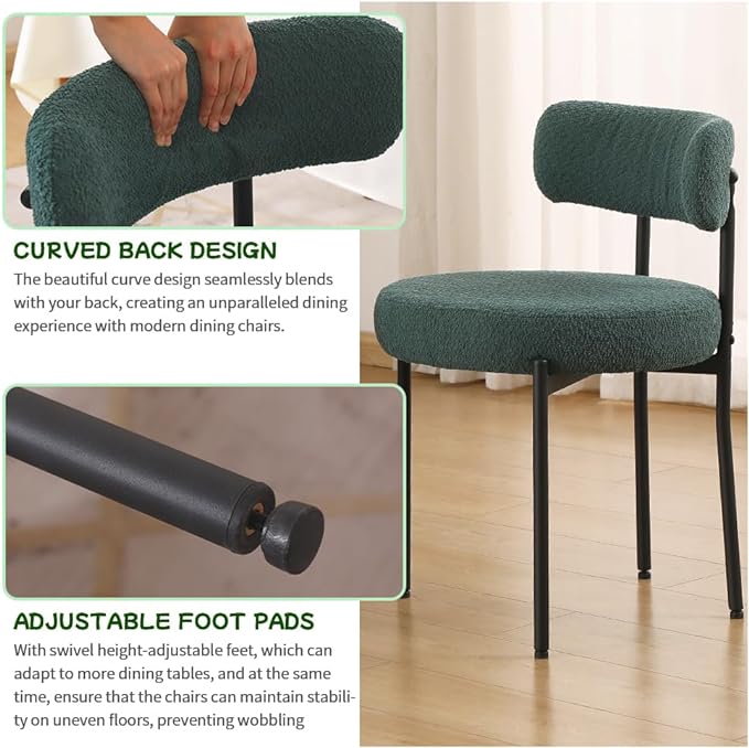EDWELL Green Dining Chairs Set of 4, Modern Upholstered Dining Room Chairs with Thick Cushion, Curved Backrest Kitchen Chairs Boucle Chair for Dining Room, Living Room - LeafyLoom