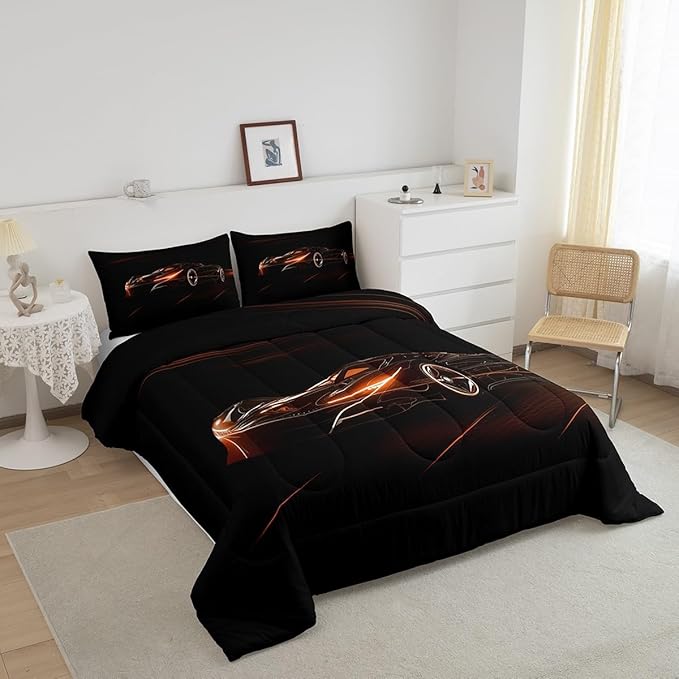 Feelyou Orange Race Car Bedding Set King Size for Kids Boys Extreme Sport Games Comforter Set Teens Toddler Fast and Furious Duvet Set Cool Modern Quilt Set 3Pcs - LeafyLoom