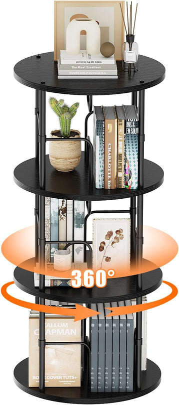 Rotating Bookshelf, 3 Tier Round Revolving Bookcase with Special Visible Partition Storage, 360° Display Spinning Bookshelf Tower Storage Organizer Rack for Bedroom, Living Room, Small Space, Black - LeafyLoom