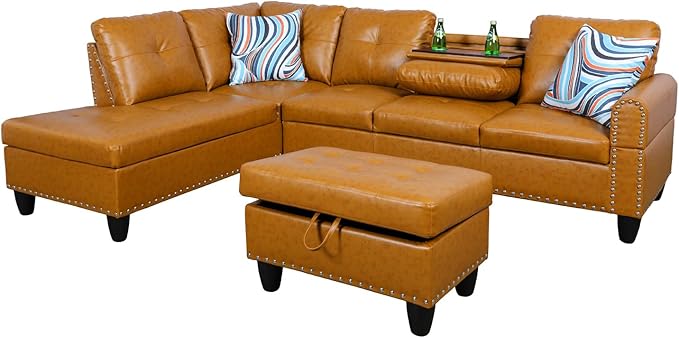 ROOMTEC L Shaped Sectional Sofa with Storage Ottoman, Left Facing Chaise Longue, Reversible Backrest w/ 2 Cup Holders, Semi PU Synthetic Leather Tufted Cushions, for Living Room, Ginger - LeafyLoom