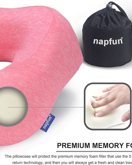 napfun Neck Pillow for Traveling, Upgraded Travel Neck Pillow for Airplane 100% Pure Memory Foam Travel Pillow for Flight Headrest Sleep, Portable Plane Accessories, Rose - LeafyLoom