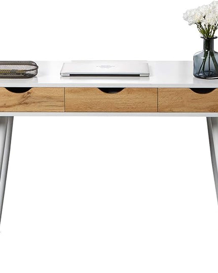 soges Mid Century Desk with Drawers, 3-Drawer Writing Study Desk, 43.3 inches Home Office Computer Desk for Small Space, Multifunctional Vanity Table Desk, White - LeafyLoom
