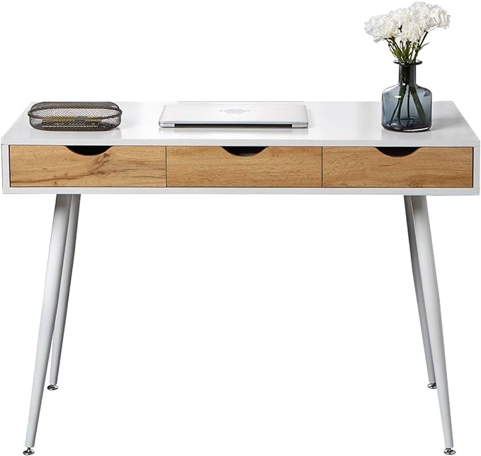 soges Mid Century Desk with Drawers, 3-Drawer Writing Study Desk, 43.3 inches Home Office Computer Desk for Small Space, Multifunctional Vanity Table Desk, White - LeafyLoom