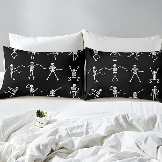 Erosebridal Sugar Skull Comforter Set King Size Skeleton Bones Bedding Set for Kids Boys Girls Teens Adult Halloween Horror Theme Down Comforter Gothic Spooky Duvet Sets with 2 Pillow Cases - LeafyLoom