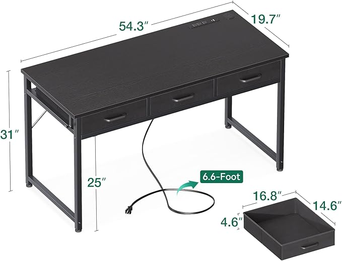 AODK 54 Inch Computer Desk with 3 Fabric Drawers, Office Desk with USB/Type-C Charging Ports & Power Outlets, Vanity Desk with Iron Hook for Bedroom, Study/Writing/Work Table for Bedroom, Black - LeafyLoom