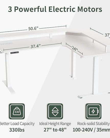 FEZIBO 63" Triple Motor L Shaped Standing Desk with LED Strip & Power Outlets, Height Adjustable Stand up Corner Gaming Desk with Ergonomic Monitor Stand, White Top/White Frame - LeafyLoom