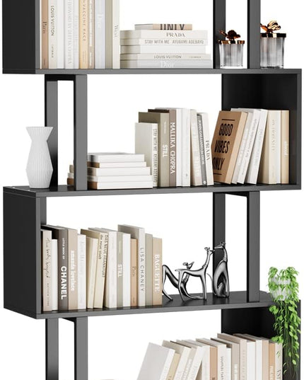 Gadroad 6 Tier Geometric Bookcase, Black Book Shelves, Modern Corner Bookcase Storage Shelf Wood for Bedroom, Living Room, Home Office, Black - LeafyLoom