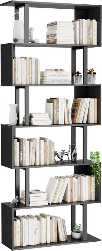 Gadroad 6 Tier Geometric Bookcase, Black Book Shelves, Modern Corner Bookcase Storage Shelf Wood for Bedroom, Living Room, Home Office, Black - LeafyLoom
