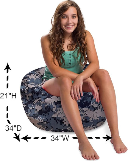 Posh Creations Structured Comfy Bean Bag Chair for Gaming, Reading and Watching TV, 100in Round Classic Chair, Nylon - Camo Digital - LeafyLoom