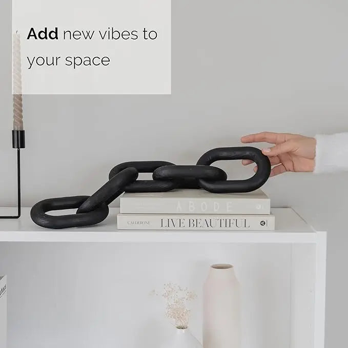 Wood Chain Link Decor - modern coffee table decor items, black chain decor for coffee table, wooden decorative chain, bookshelf decor, shelf decor accents, table decorations for living room - LeafyLoom