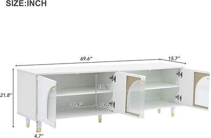 Merax Contemporary TV Stand with Adjustable Shelves, Gold Handles and Arch Fluted Glass Doors for Televisions Up to 78'', Stylish Media Console, Delicate Entertainment Center for Living Room, White - LeafyLoom