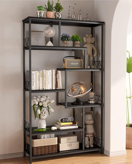 Gizoon 71” Industrial Bookshelves for Storage, Tall Display Etagere 8-Shelves for Bedroom, Metal Frame Staggered Bookcases for Bedroom, Living Room, Home Office, Black - LeafyLoom