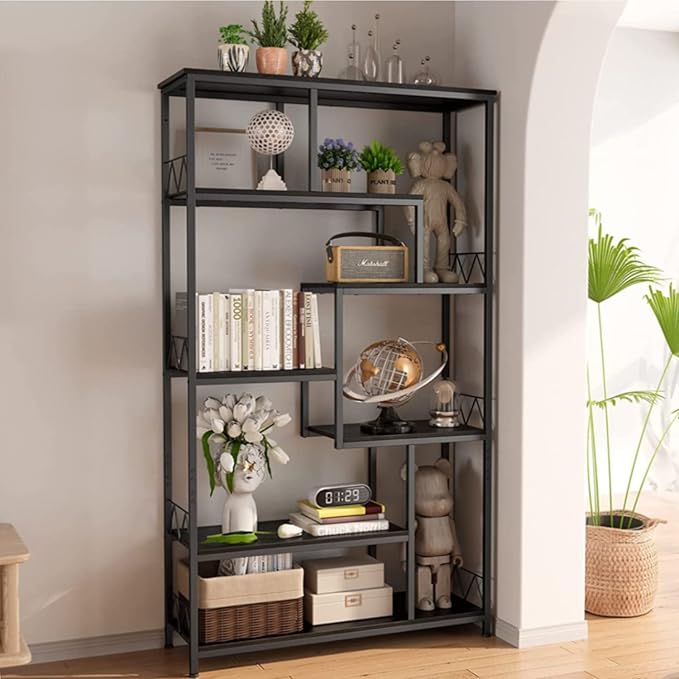 Gizoon 71” Industrial Bookshelves for Storage, Tall Display Etagere 8-Shelves for Bedroom, Metal Frame Staggered Bookcases for Bedroom, Living Room, Home Office, Black - LeafyLoom