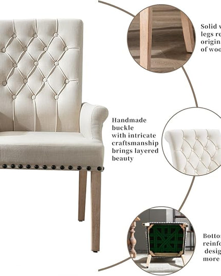 Dining Room Chairs with Arms,Tufted Upholstered High Back Nailed Trim with Untique Oak Wood Legs for Kitchen Restaurant Room Bedroom (Beige) - LeafyLoom
