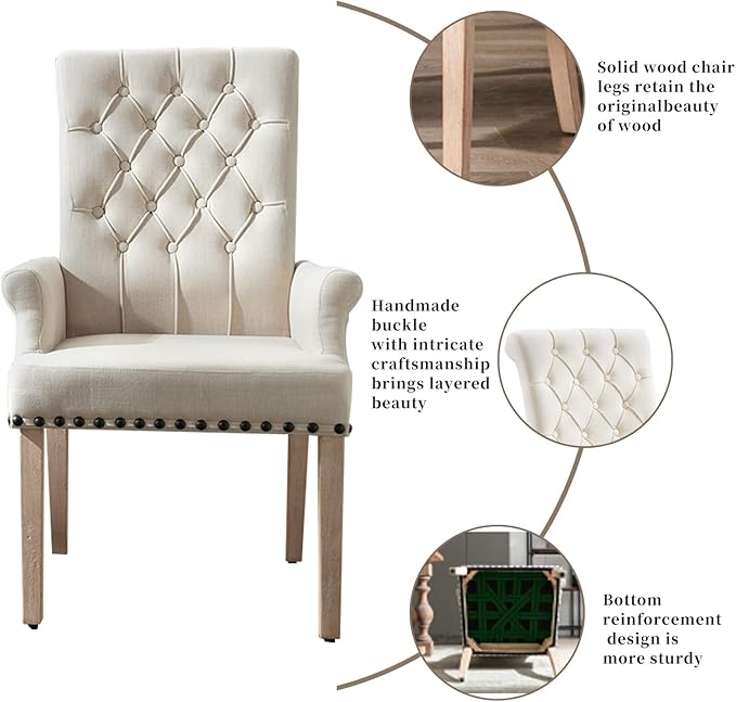 Dining Room Chairs with Arms,Tufted Upholstered High Back Nailed Trim with Untique Oak Wood Legs for Kitchen Restaurant Room Bedroom (Beige) - LeafyLoom