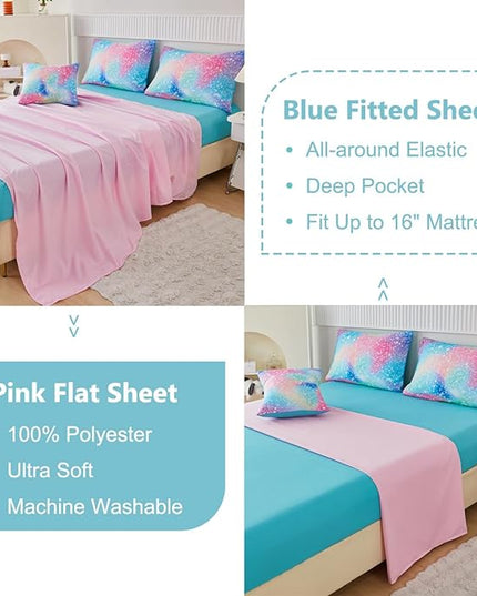 PERFEMET Full Size Comforter Sets for Kids Girls 6 Pieces Pink Green Ombre Rainbow Bedding Set Colorful Tie Dye Glitter Teen Girls Bed in A Bag - LeafyLoom