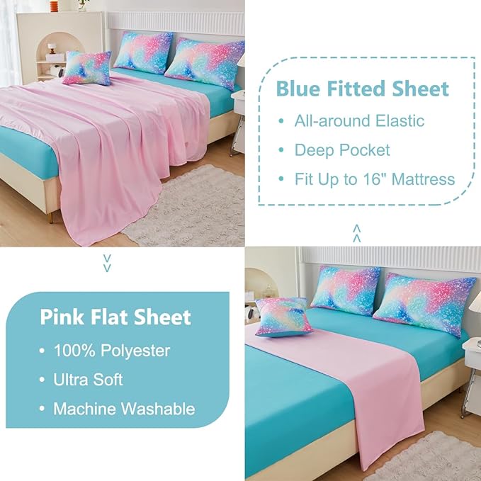 PERFEMET Full Size Comforter Sets for Kids Girls 6 Pieces Pink Green Ombre Rainbow Bedding Set Colorful Tie Dye Glitter Teen Girls Bed in A Bag - LeafyLoom