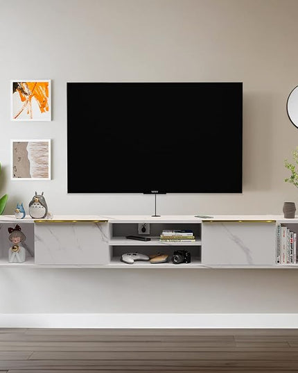 Pmnianhua Floating TV Stand with 2 Drawers,70'' Wall Mounted TV Shelf,Floating Shelf Under TV,Floating TV Console with Cabinets for Bedroom Living Room(White) - LeafyLoom
