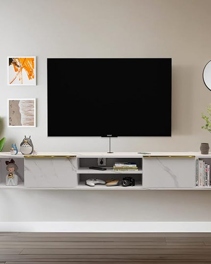 Pmnianhua Floating TV Stand with 2 Drawers,63'' Wall Mounted TV Shelf,Floating Shelf for Under TV,Floating TV Console with Cabinets for Bedroom Living Room(White) - LeafyLoom