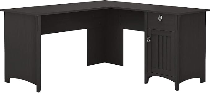 Bush Furniture Salinas L Shaped Desk with Storage in Vintage Black | Modern Farmhouse Corner Table with Drawers and Cabinets for Home Office - LeafyLoom