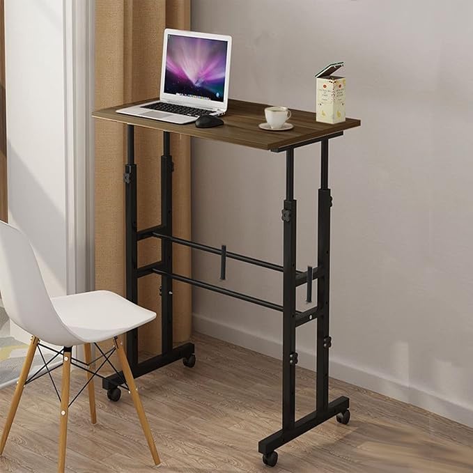 AIZ Double Adjustable Computer Desk Home Office Workstation with Rolling Wheels, Portable Laptop Table for Standing or Sitting, Adults or Children,Brown, Black & Yellow - LeafyLoom