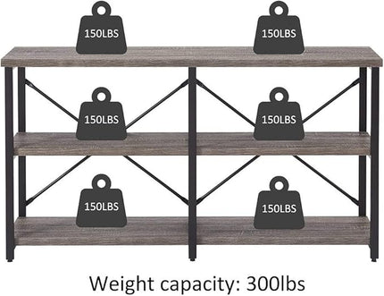 BON AUGURE Rustic Console Table Behind Sofa, Industrial Entryway Table with Storage Shelves, 3 Tier Long Bookshelf for Entry (55 Inch, Dark Grey Oak) - LeafyLoom