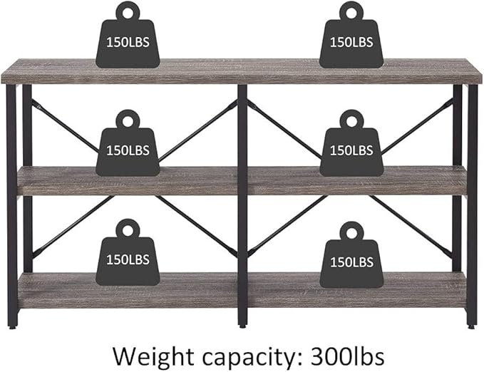 BON AUGURE Rustic Console Table Behind Sofa, Industrial Entryway Table with Storage Shelves, 3 Tier Long Bookshelf for Entry (55 Inch, Dark Grey Oak) - LeafyLoom
