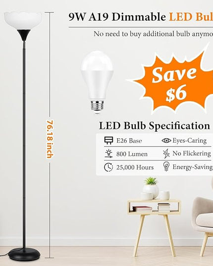 Floor Lamp with Remote, 2 in 1 Dimmable Standing Lamp for Reading, 76" Tall Lamp with Stepless Adjustable 3000K-6500K Colors, Black Torchiere Lamp for Living Room Bedroom Office, E26 LED Bulb Included - LeafyLoom