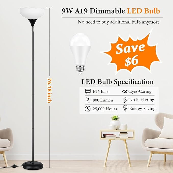 Floor Lamp with Remote, 2 in 1 Dimmable Standing Lamp for Reading, 76" Tall Lamp with Stepless Adjustable 3000K-6500K Colors, Black Torchiere Lamp for Living Room Bedroom Office, E26 LED Bulb Included - LeafyLoom