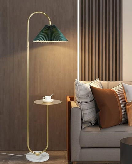 Modern Elegant with Tray Floor Lamp for Office Cafe Den Living Room Bedroom, Foot Switch and Brass/Gold Finish,Dark Green Pleated Cloth Lampshade - LeafyLoom