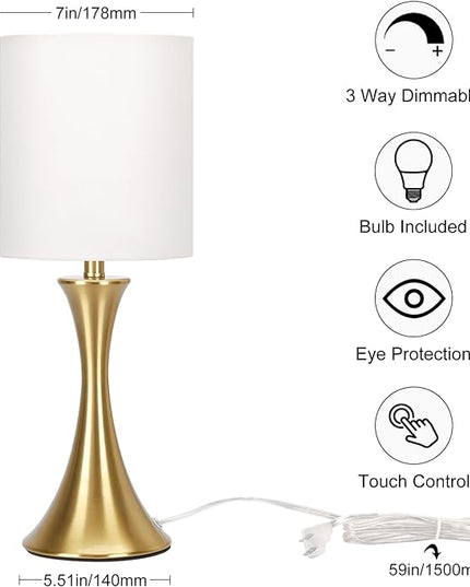 Gold Bedside Lamp Touch Control Table Lamp for Bedroom, 3-Way Dimmable Nightstand Lamp with White Shade, Modern Table Lamp for Living Room, Minimalist Desk Lamp for Dorm, Home, Office, Bulb Included - LeafyLoom