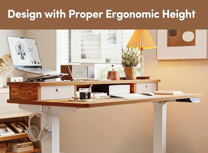 BANTI 40x24 Inch Electric Standing Desk with Double Drawers, Adjustable Height Stand Up Desk, Sit Stand Home Office Desk with Storage Shelf, Light Rustic Brown Top - LeafyLoom
