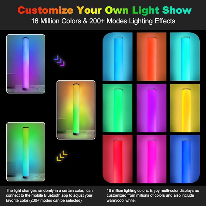 RGB Floor Lamp 2 Pack, Color Changing Corner Lamps Music Sync with Remote & Smart App Control, Modern LED Floor Lamps 1600 Million Dimmable, 200+ Scene Modes Standing Lamp for Bedroom/Living Room - LeafyLoom