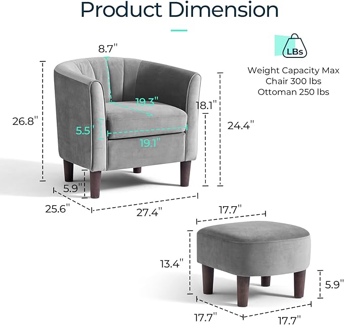 Velvet Accent Chair, Barrel Chair with Ottoman, Modern Comfy Reading Chair Armchair for Living Room Study Room Office, Gray - LeafyLoom