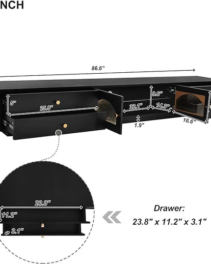 TV Stand with Drawers, 86 Inch Entertainment Center with Fluted Glass Doors for TVs Up to 90'', TV Console with Ample Storage Space for Living Room, Black - LeafyLoom