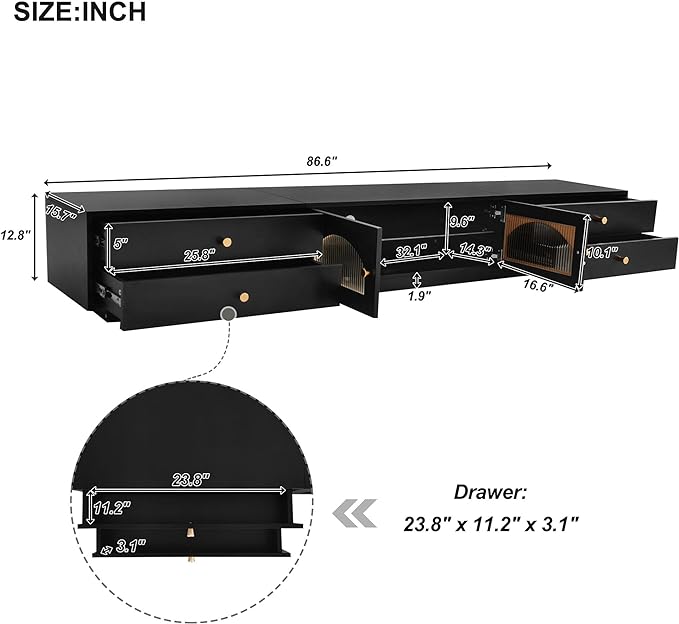 TV Stand with Drawers, 86 Inch Entertainment Center with Fluted Glass Doors for TVs Up to 90'', TV Console with Ample Storage Space for Living Room, Black - LeafyLoom