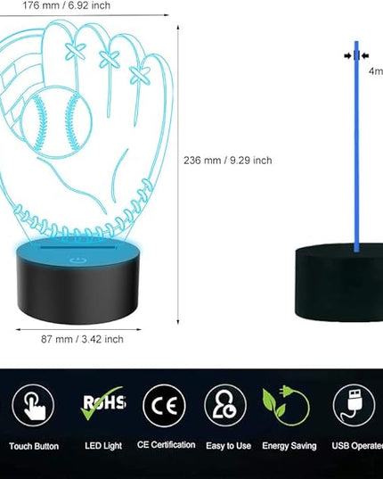 3D Illusion Desk Lamp Baseball Glove Model, LED USB Touch Button 7 Color Changing Lights Night Light for Baby Nursery, Best Gift Toys for Kids Friends Birthday Home Bedroom Decor Lighting - LeafyLoom