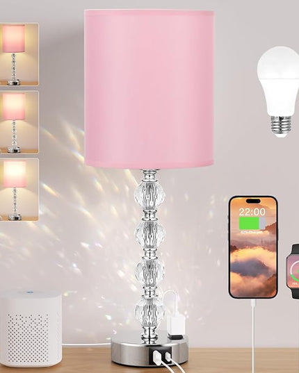 Acaxin Touch Bedside Crystal Lamps for Bedrooms Nightstand with USB C+A Charging Port and AC Outlet White, 3 Way Dimmable Silver Large End Side Table Lamp for Living/Guest/Dinning Room/Kitchen - LeafyLoom